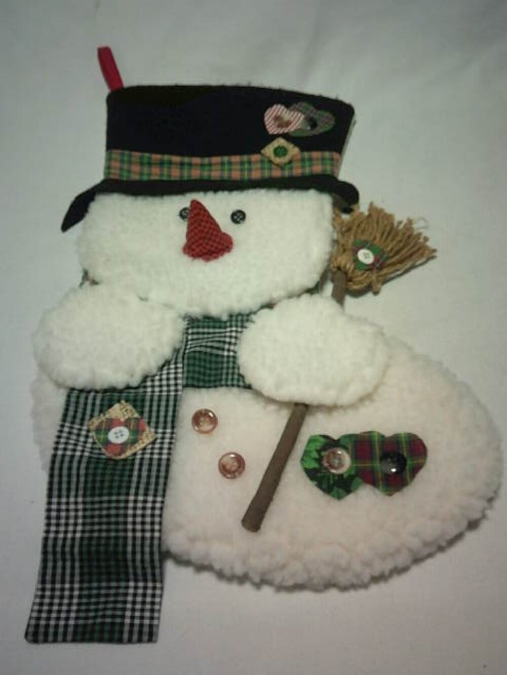 DECORATIVE PLUSH SHERPA SNOWMAN CHRISTMAS STOCKING WEARING TOP HAT PLAID SCARF